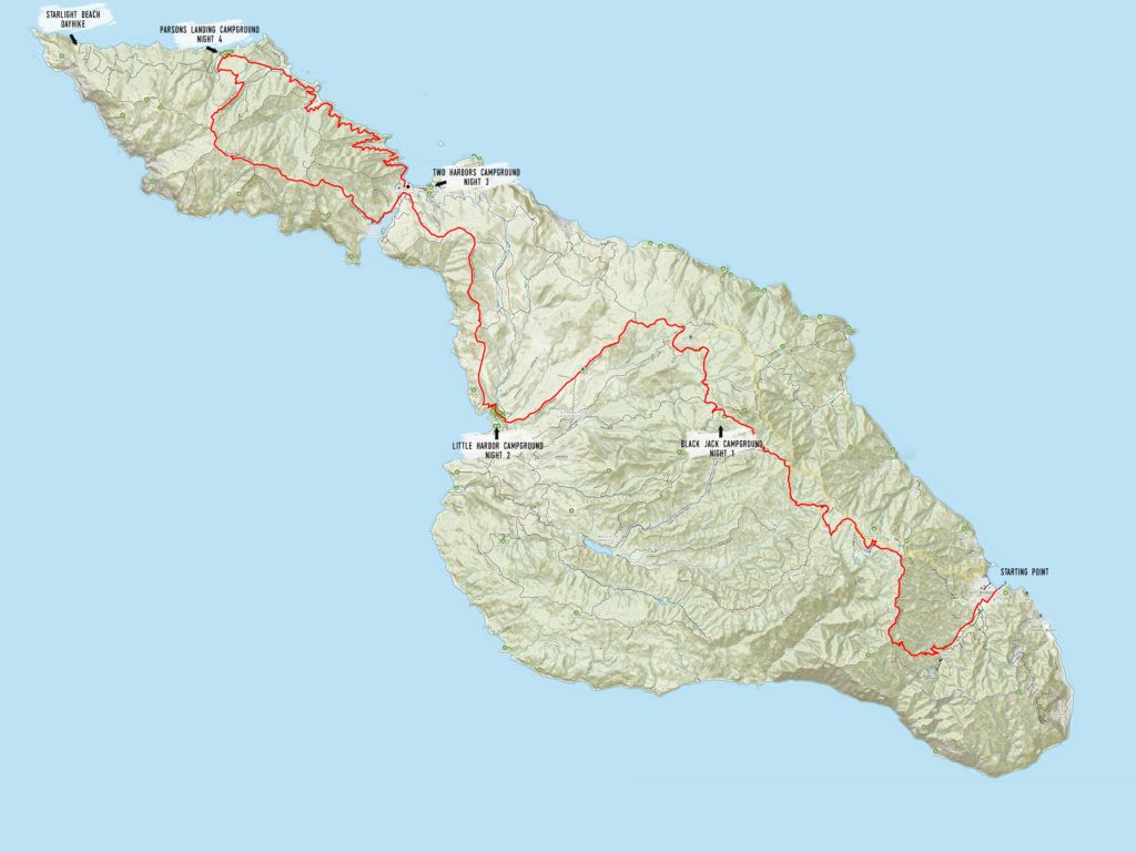 跨卡塔琳娜小径地图/计划在卡塔琳娜岛跨卡塔琳娜小径的背包旅行，包括最好的营地，装备，水，和更多。