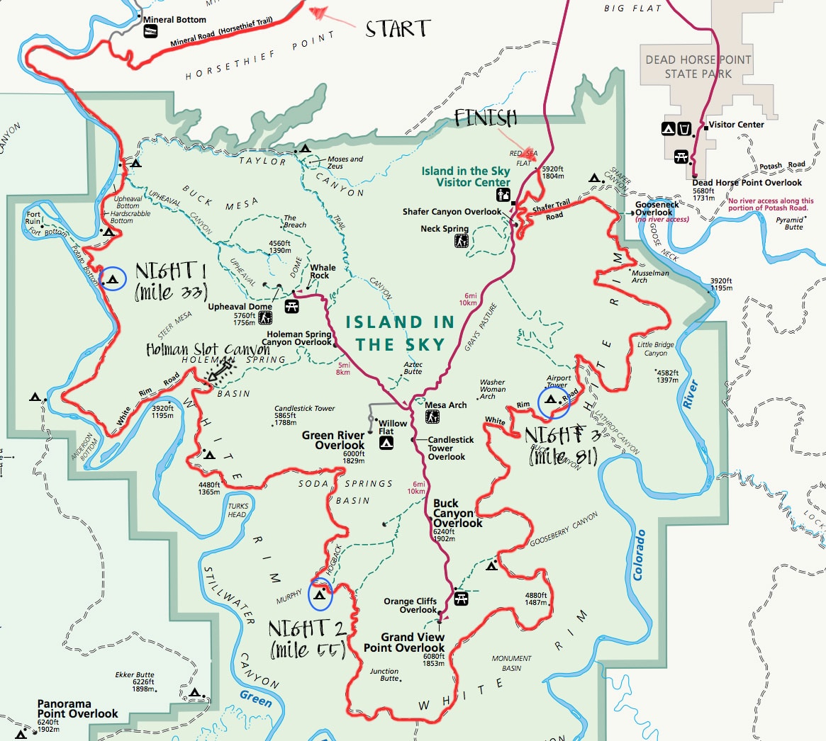 白缘步道地图//在峡谷地国家公园(Canyonlands National Park)的白缘步道(White Rim Trail)规划你的山地自行车之旅。了解许可证，行程，装备，营地和更多。