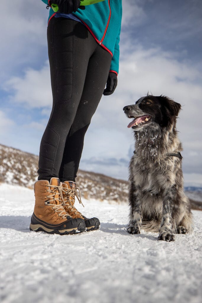 照片的女人的腿和脚穿着冬天的靴子在雪道上，狗坐在她旁边