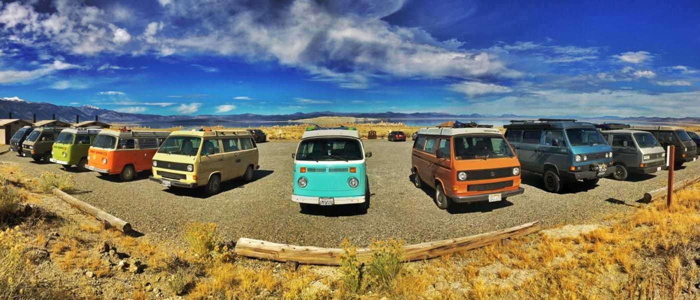 A fleet of classic Volkswagon Vanagon camper vans available for rent by Vintage Surfari Wagons