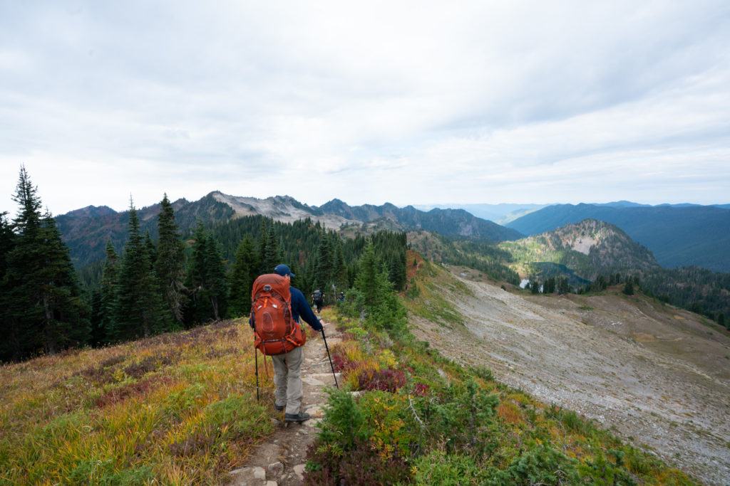 Backpacker on High Divide Trail on Olympic Peninsula's Seven Lakes Basin Loop