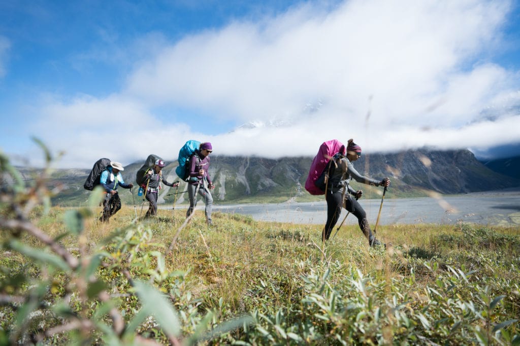 4个人带着背包和登山杆徒步穿越湖边的草原