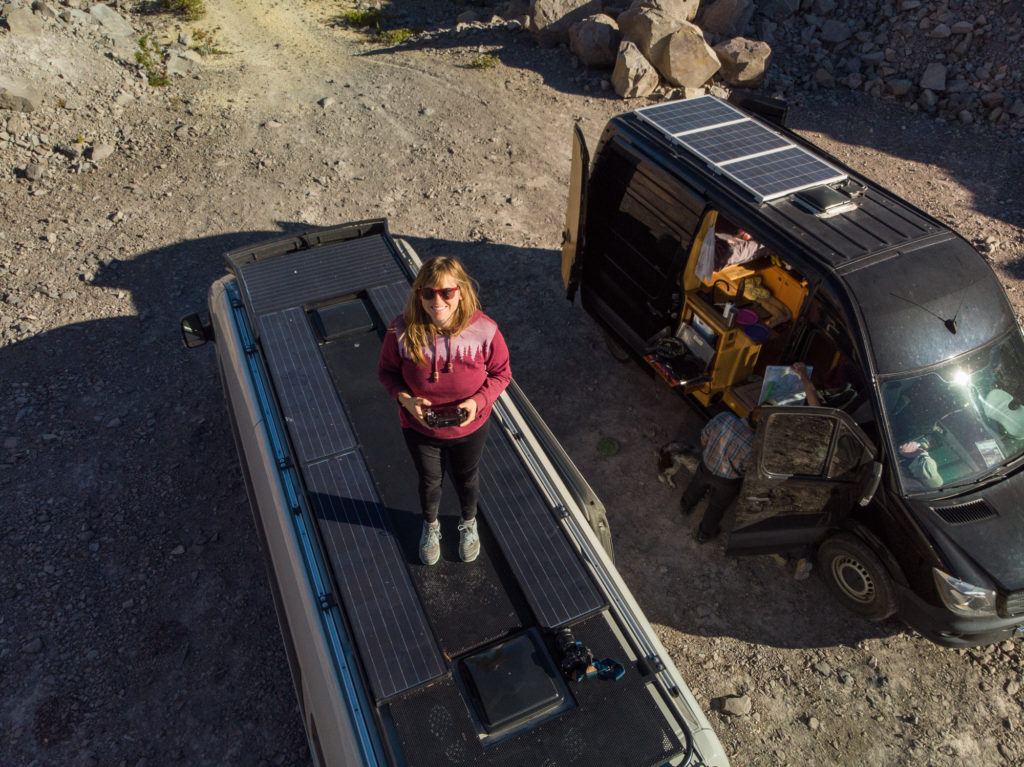 Zamp solar panels on the roof of a Sprinter Van designed for off-grid living