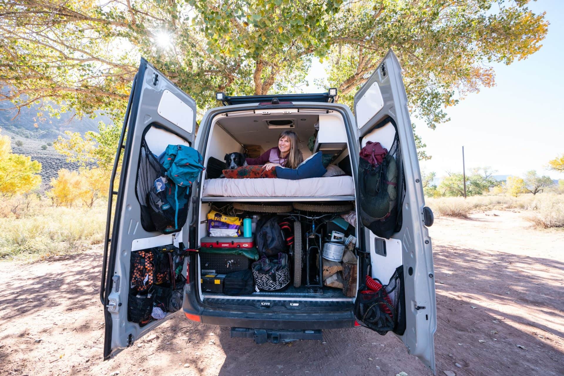 Sprinter Van garage that holds a ton of outdoor gear