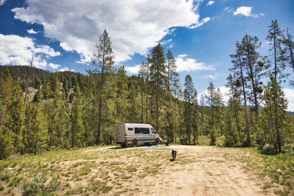 爱达荷州索图斯国家森林的一个免费营地，停着一辆短跑货车，外面有狗