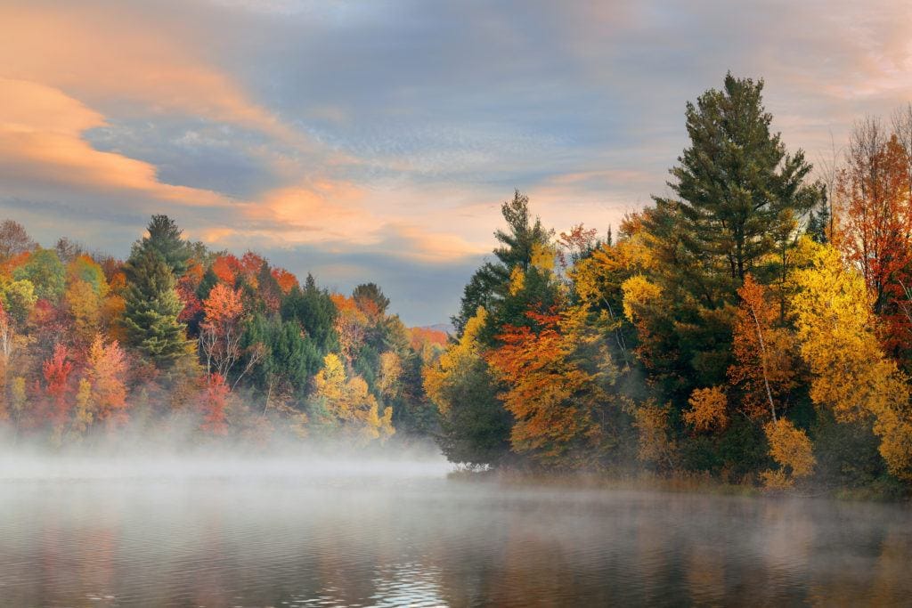 Fog over lake during changing fall foliage season