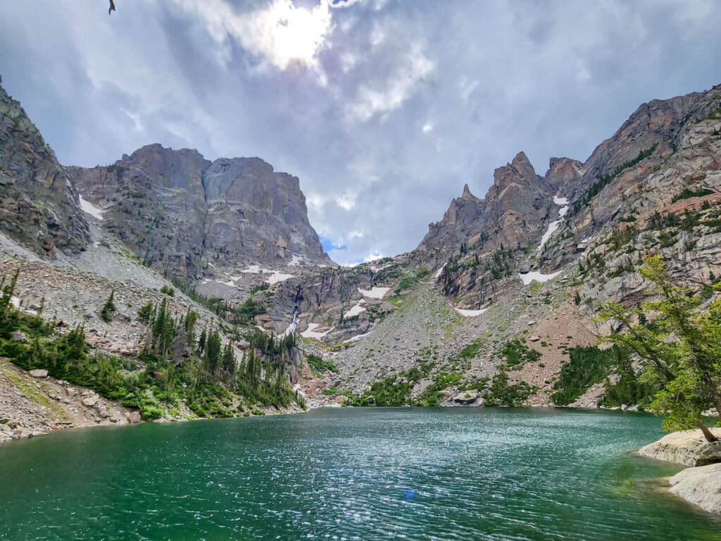 Emerald Lake in Rocky Mountain National Park surrounded by tall peaks