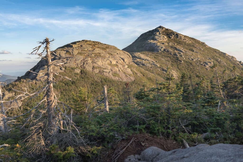 A view of the summit of Mount Haystack in the Adirondacks of New York. The mountain is covered in trees and has a blue sky in the background.