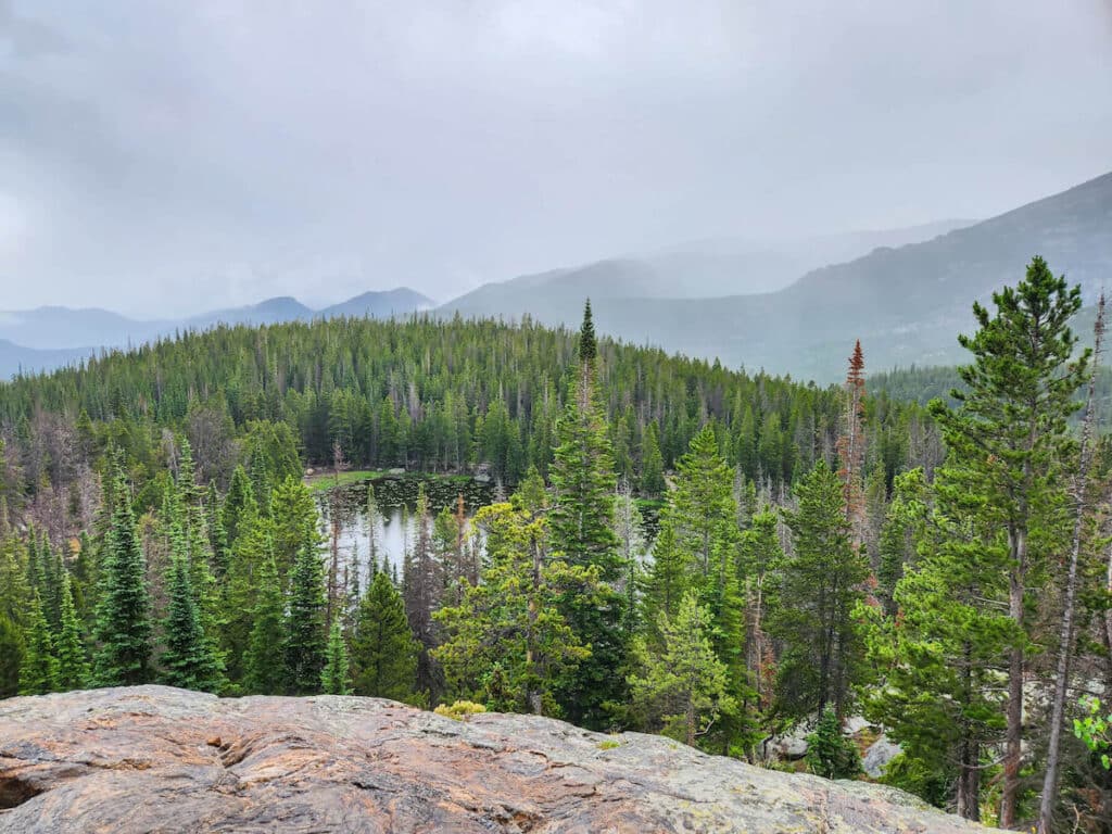 Views down onto Nymph Lake in Rocky Mountain National Park surrounded by dense forest and grey skies
